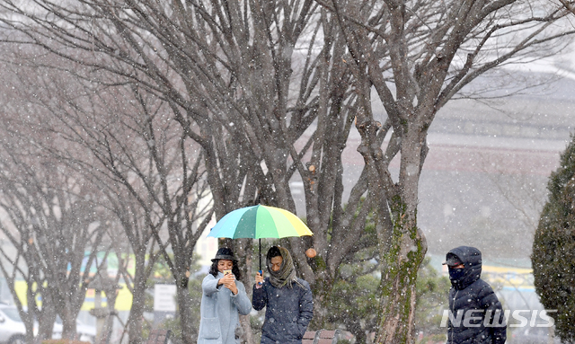 [광주=뉴시스] 류형근 기자 = 광주와 전남지역에 눈이 내리고 있는 가운데 16일 오후 광주 북구 중외공원에서 시민들이 우산을 쓰고 걷고있다. 2020.02.16. hgryu77@newsis.com
