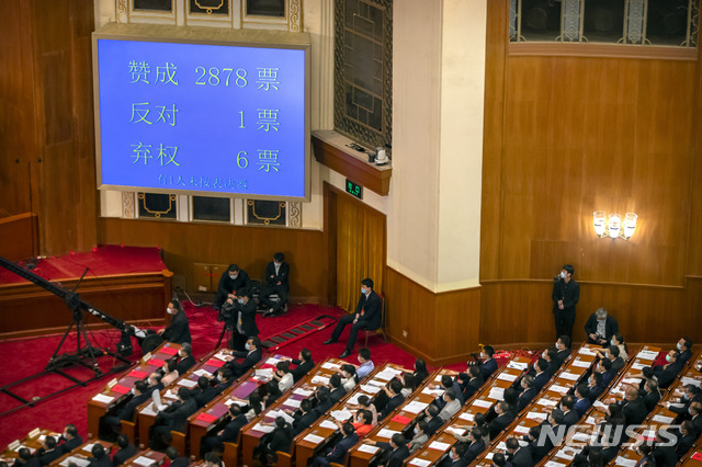 [홍콩=AP/뉴시스] 28일 중국 베이징 인민대회당에서 13기 전국인민대표대회(전인대) 3차 전체회의 폐막식이 열리는 가운데 홍콩보안법 표결 결과가 현광판에 표시되고 있다. 홍콩보안법은 찬성 2878표 반대 1표, 기권 6표로 통과됐다. 2020.05.28 
