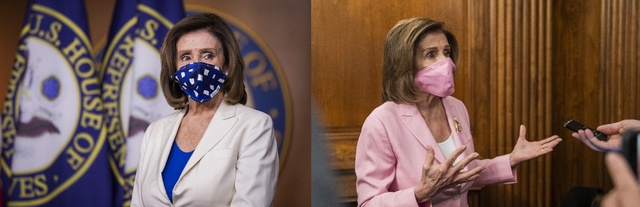 [워싱턴=AP/뉴시스]미국 민주당 소속 낸시 펠로시 하원의장이 옷 색과 맞춘 마스크로 연일 눈길을 끌고 있다. 왼쪽 사진은 펠로시 의장이 4월30일(현지시간) 의사당 기자회견에서 질문을 듣고 있는 모습이다. 오른쪽 사진은 5일 의회에서 기자들에게 말하고 있는 펠로시 의장. 2020.05.29.