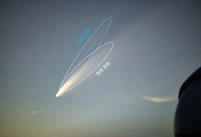 [서울=뉴시스] 니오와이즈 혜성의 이온꼬리와 먼지꼬리.