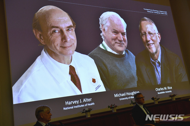 The 2020 Nobel laureates in Physiology or Medicine are announced during a news conference at the Karolinska Institute in Stockholm, Sweden, Monday Oct. 5, 2020. The prize has been awarded jointly to Harvey J. Alter, left on screen, Michael Houghton, center, and Charles M. Rice for the discovery of the Hepatitis C virus. (Claudio Bresciani/TT via AP)