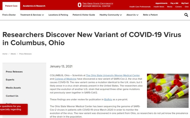 [서울=뉴시스] 미국 오하이오 주립대 연구진이 새로운 코로나19 변이를 발견했다고 밝혔다. (사진 : 오하이오주립대 홈페이지) 2021.1.13.