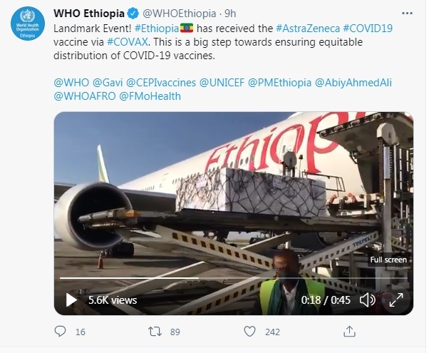 [서울=뉴시스]에티오피아 아디스아바바 공항에 7일(현지시간) 코백스가 제공하는 아스트라제네카 백신 220만회분이 도착해 하역되고 있는 모습.(사진출처: WHO 에티오피아 트위터 캡쳐) 2021.03.07.