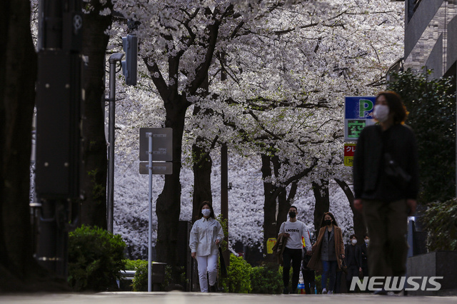[도쿄=AP/뉴시스] 일본 도쿄 시내에 있는 공원에서 27일 코로나19 예방을 위해 마스크를 착용한 시민들이 벚꽃나무 밑을 지나며 산책을 즐기고 있다. 2021.03.27
