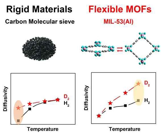 [서울=뉴시스]단단한 구조 및 유연한 구조에서의 수소 동위원소 확산계수 비교: 구조변화가 없는 단단한 구조의 다공성 물질 내에서 수소 및 중수소 확산은 저온에서 차이가 발생하지만 유연한 구조를 가진 금속-유기 골격체 내 수소 및 중수소 확산은 고온에서 확산차이가 발생하는 역전 효과가 있음을 보여주고 있다. (출처: 경상국립대학교 오현철 교수 