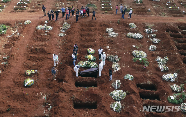 [상파울루=AP/뉴시스]7일(현지시간) 브라질 상파울루의 한 공동묘지에서 묘지 관계자들이 코로나19 합병증으로 숨진 사람의 관을 매장하고 있다. 상파울루시는 코로나19 사망자 급증에 따라 시립 묘지에 매일 600기 정도의 묘지를 추가하기 시작했다고 밝혔다. 2021.04.08.