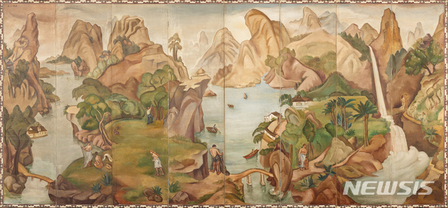 [서울=뉴시스] 국립현대미술관 이건희컬렉션. 백남순, 낙원, 1937, 166x367cm. 백남순(1904~1994)은 나혜석과 마찬가지로 도쿄여자미술학교에서 서양화를 공부한 1세대 서양화가이다. 1920년대에 파리 유학을 가서 미국 유학 출신의 임용련을 만나 결혼한 후 1930년에 귀국했다. 이들이 함께 부부양화전을 개최한 것이 당시 엄청난 사회적 이슈가 되었다. 임용련과 백남순은 함께 평안북도 정주의 오산고보에서 영어 및 미술 교사로 재직하였고, 그곳에서 이중섭, 문학수 등 다음 세대 서양화가들을 가르쳤다. 한국의 무릉도원 전통과 서양의 아르카디아 전통이 묘하게 결합된 독창적인 작품으로, 1930년대 백남순 작품으로는 유일하게 전해지는 만큼, 역사적 의미가 각별하다. 사진=국립현대미술관 제공,2021.5.07. photo@nwsis.com