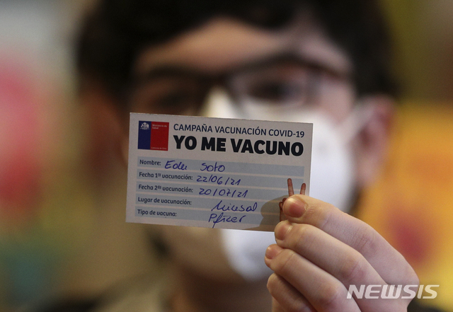 [산티아고=AP/뉴시스]22일(현지시간) 칠레 산티아고에 있는 만성질환 아동 치료 전문 병원에서 에두 소토(15)라는 소년이 화이자 백신 1차 접종을 마치고 백신 접종 카드를 보여주고 있다. 칠레 정부는 만성 질환을 앓고 있는 12~17세 청소년에 대해 코로나19 백신 접종을 시작했다. 2021.06.23.
