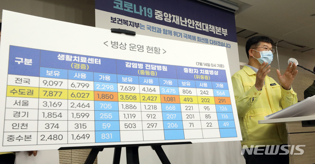 [세종=뉴시스] 강종민 기자 = 이기일 중앙재난안전대책본부 제1통제관(보건복지부 보건의료정책실장)이 지난달 14일 오전 정부세종청사에서 코로나19 대응 현황과 병상 현황 등을 발표하고 있다. 2021.07.14. ppkjm@newsis.com