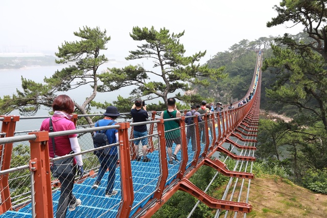 [울산=뉴시스] 박수지 기자 =울산시 동구 대왕암공원 출렁다리가 개통한 가운데 방문객들이 다리를 건너고 있다. 2021.07.18. photo@newsis.com. (사진=동구청 제공) *재판매 및 DB 금지