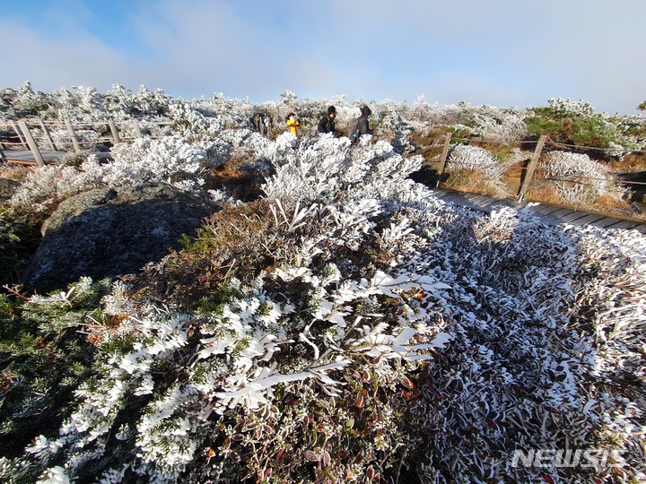 [제주=뉴시스] 우장호 기자 = 전국 곳곳에 한파특보가 내려진 17일 오전 제주 한라산 영실 코스 정상 부근에 눈꽃의 일종인 상고대가 활짝 펴 시선을 사로 잡고 있다. 상고대는 영하의 온도에서 대기 중에 있는 안개·서리 등의 미세한 물방울이 나무 등의 차가워진 물체와 만나 생기는 것으로 '나무서리'라고도 부른다. 2021.10.17. woo1223@newsis.com