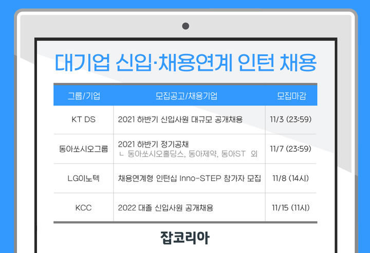 KT DS·동아쏘시오그룹·LG이노텍·KCC…신입 및 인턴 채용