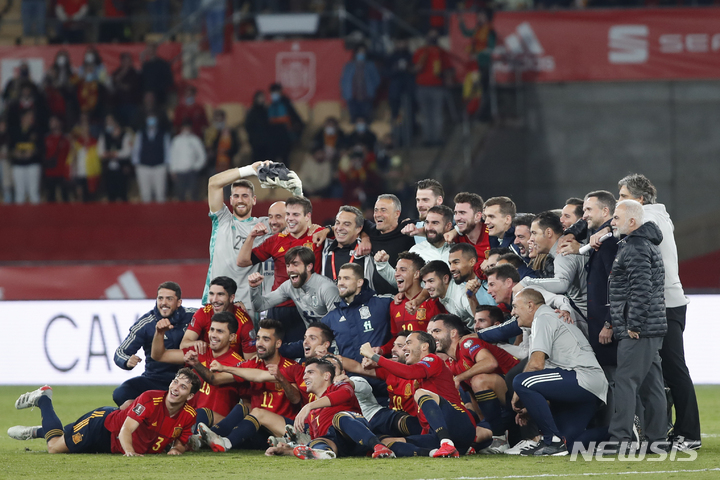 [세비야(스페인)=AP/뉴시스]스페인은 15일(한국시간) 스페인 세비야에서 벌어진 스웨덴과의 2022 카타르월드컵 유럽예선 B조 8차전에서 후반 41분에 터진 모라타의 극적인 결승골에 힘입어 1-0으로 승리, 월드컵 본선행을 확정했다.