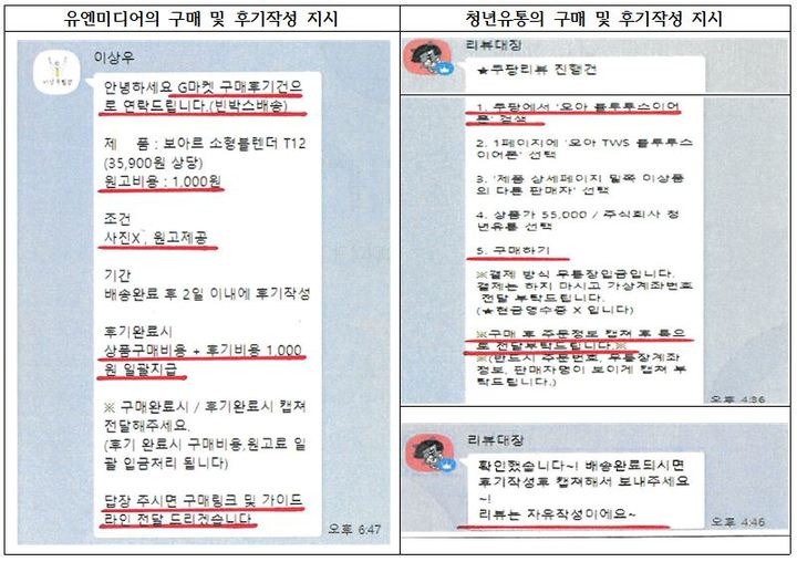 [세종=뉴시스] 구매 및 후기작성 지시 관련 자료. (자료=공정거래위원회 제공)  *재판매 및 DB 금지