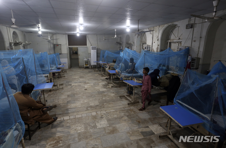 [카라치=AP/뉴시스]24일(현지시간) 모기가 매개하는 질병인 뎅기열을 앓고 있는 파키스탄 환자들이 카라치의 한 병원 격리병동에서 치료를 받고 있다. 파키스탄의 홍수 피해 지역 중 수백명의 사망자를 낸 질병의 확산을 막기 위해 수천 명의 의사와 구급대원을 추가로 배치했다고 파키스탄 관리들은 밝혔다. 2022.09.26
