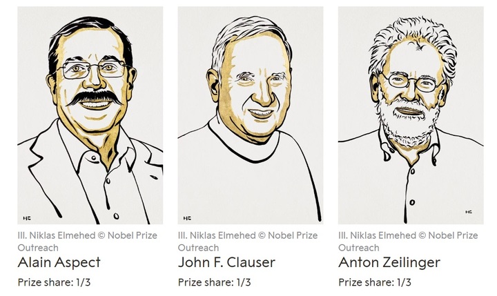 2022 노벨 물리학상 수상자. 왼쪽부터 알랭 아스페(프랑스), 존 F. 클라우저(미국), 안톤 자일링거(오스트리아). (사진=노벨상위원회 홈페이지) *재판매 및 DB 금지