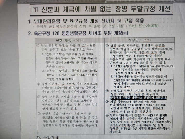 [서울=뉴시스] 31일 군 관련 페이스북(SNS) 커뮤니티인 '육군훈련소 대신 전해드립니다(육대전)'에 게시된 글에 따르면 '신분과 계급에 차별 없는 장병 두발개정 개선' 문서에 육군의 두발규정 개선안에 대한 내용이 담겼다. (사진=육대전 캡쳐) 2023.01.31. photo@newsis.com  *재판매 및 DB 금지