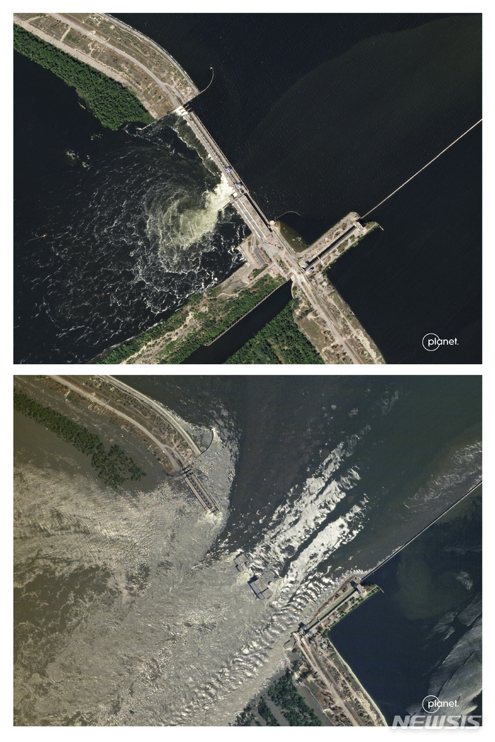 [헤르손=AP/뉴시스] 플래닛 랩스 PBC가 제공한 두 장의 위성 사진에 지난 4일과 6일(현지시각) 우크라이나 헤르손의 노바카호우카 댐의 폭발 전과 후의 모습이 보인다. 이날 새벽 러시아군이 점령 중인 우크라이나 노바카호우카 댐 일부가 폭발해 홍수가 발생, 주민들이 대피하고 인근 자포리자 원자력발전소의 냉각수 공급에 차질 우려를 빚고 있다. 러시아, 우크라이나 양국은 서로를 배후로 지목했다. 2023.06.07. 