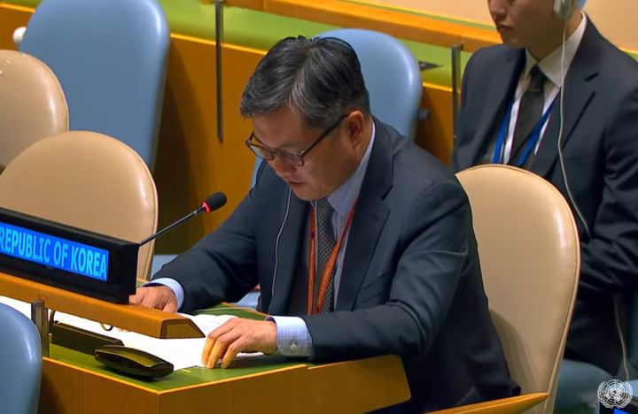김상진 한국 유엔대표부 차석대사가 26일(현지시간) 뉴욕 유엔본부에서 열린 제78차 유엔총회 일반토의 개별 발언에서 발언하고 있다. (사진=유엔 웹TV 캡처) 2023.09.27. *재판매 및 DB 금지