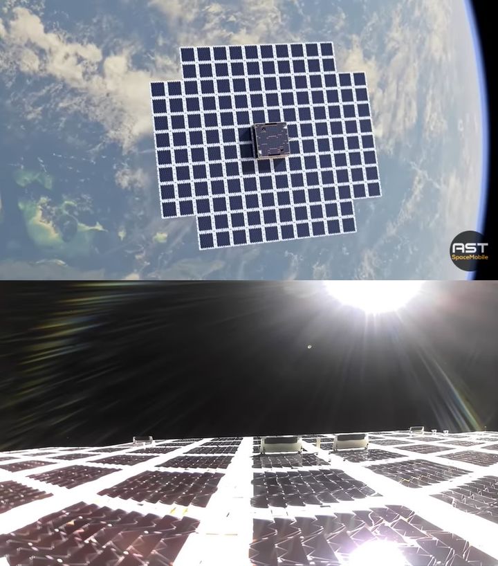 미국의 통신회사 AST스페이스모바일이의 통신위성 '블루워커 3'. 아래는 블루워커 3의 거대한 태양광 패널이 햇빛을 받고 있는 모습. (사진=AST스페이스모바일) *재판매 및 DB 금지