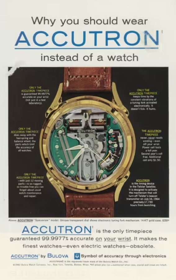 1960년대 출시된 부로바(Bulova)의 아큐트론. 쿼츠의 선조 격인 최초의 전지시계로, 세이코(Seiko)의 '아스트론'과 함께 한때 명품 시계 시장을 무너뜨린 '쿼츠 파동'의 상징같은 모델로 꼽힌다. (사진=Bulova 홈페이지 캡처) *재판매 및 DB 금지