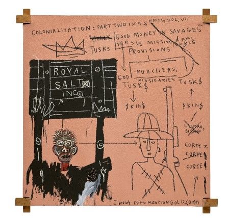 Jean-Michel Basquiat Native Carrying Some Guns, Bibles, Amorites on Safari, 1982 72 1/8 x 71 3/4 in. (183.2 x 182.2 cm) 추정가: $12-18 Million, HK$90-120 Million(한화 약 161억-242억) 5월 31일 필립스 홍콩 이브닝 경매 출품. *재판매 및 DB 금지