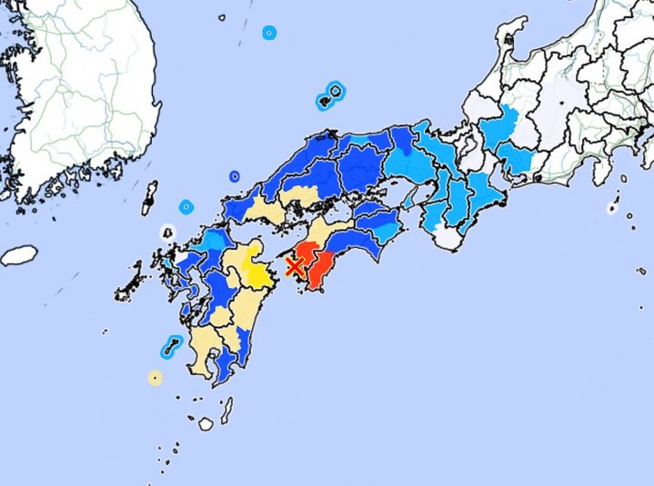 [서울=뉴시스] 17일 오후 11시14분께 규슈 오이타현과 시코쿠 에히메현 사이 분고스이도(豊後水道)에서 규모 6.6의 지진이 발생했다. 진원깊이는 39㎞이다. 진원지 지도. <사진출처: 일본 기상청 사이트> 2024.04.18