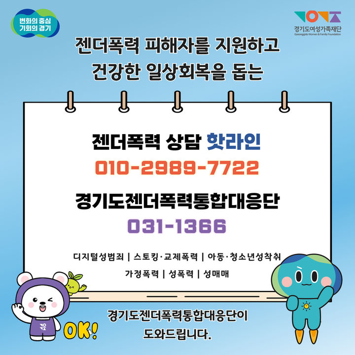 경기도, 젠더폭력 피해 상담 핫라인 24시간 운영