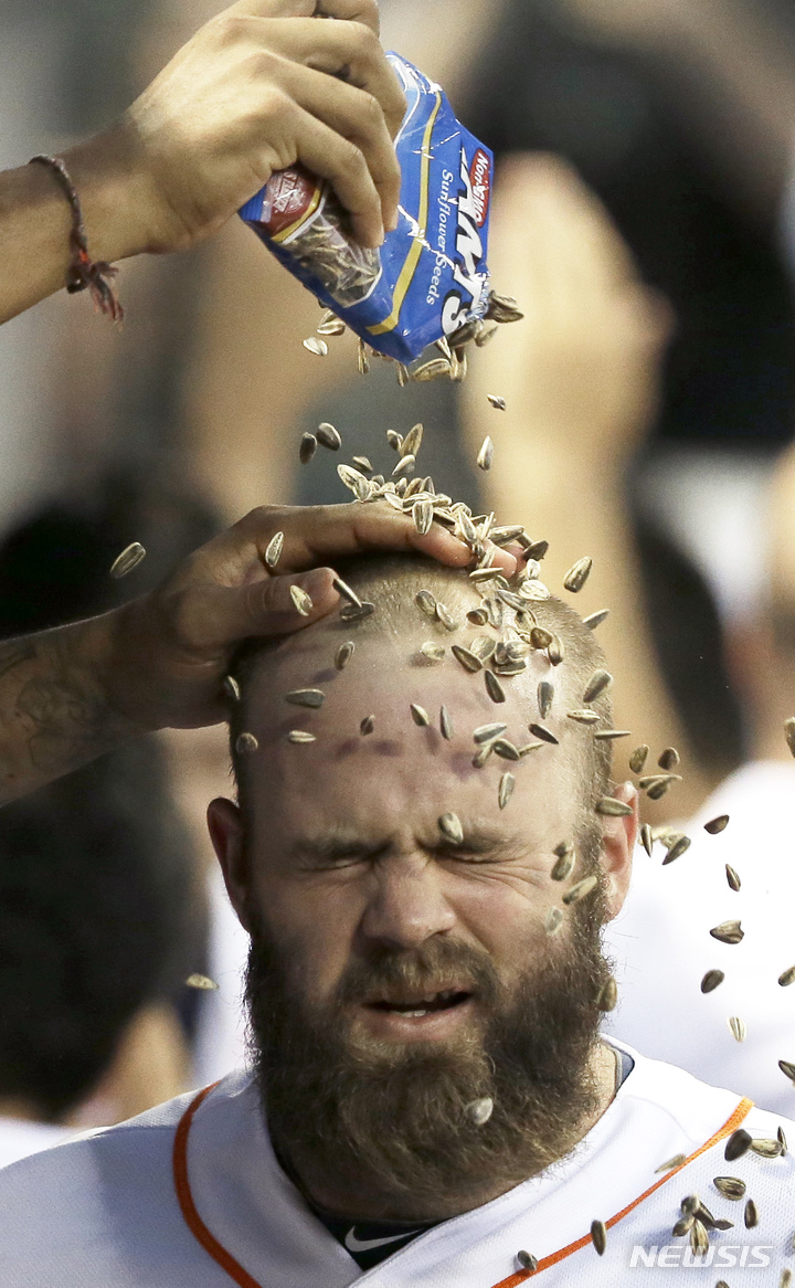 [휴스턴=AP/뉴시스] 휴스턴 애스트로스의 에반 개티스가 2015년 6월3일 볼티모어 오리올스전에서 스리런 홈런을 친 후 동료들로부터 해라바리씨 소나기를 맞고 있다.