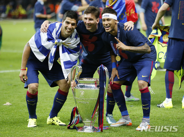 [토리노=AP/뉴시스] 바르셀로나 사상 두 번째 트레블을 이끈 MSN 트리오. 2015.06.06.