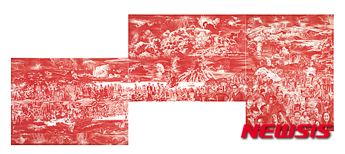 【파주=뉴시스】이세현 '붉은 산수 200' (리넨에 유채, 372.5x932㎝, 2014)