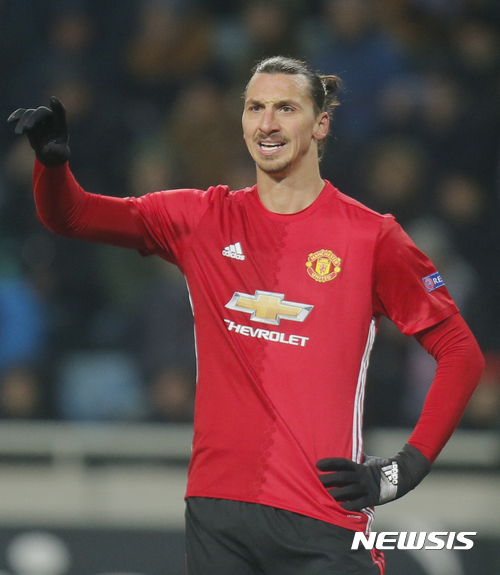 Manchester United's Zlatan Ibrahimovic reacts during the Europa League group A soccer match between Manchester United and Zorya Luhansk at Chornomorets stadium in Odessa, Ukraine, Thursday, Dec. 8, 2016. (AP Photo/Efrem Lukatsky)