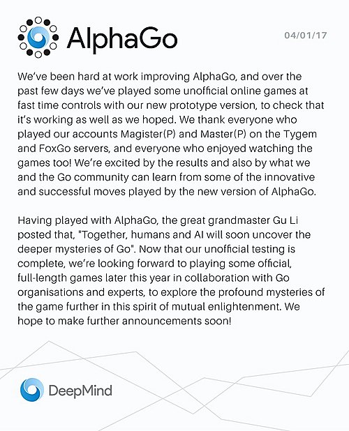  【서울=뉴시스】구글 딥마인드는 4일(현지시간) 최근 한중일 최고의 프로 바둑기사를 패배시킨 마스터(Master)가 알파고(AlphaGo)의 업그레이드 버전이라고 확인했다.  이날 딥마인드 공동 설립자이자 최고경영자(CEO)인 데미스 하사비스는 자신의 트위터를 통해 