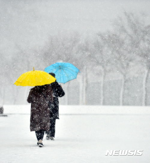 【광주=뉴시스】류형근 기자 = 광주와 전남지역에 많은 눈이 내린 가운데 학생들이 우산을 쓴 채 20일 오전 광주 동구 조선대학교 교정을 걷고 있다. 2017.01.20.  hgryu77@newsis.com