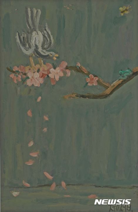 【서울=뉴시스】이중섭,복사꽃 가지에 앉은 새, 1955년경, 종이에 유채,54.5 x 37cm, 개인소장     