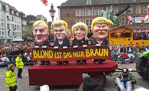 【서울=뉴시스】지난달 27일(현지시간) 독일 뒤셀도르프 축제에 나치 독재자 아돌프 히틀러와 금발머리 극우 정치인 3인방의 모형이 등장했다. 왼쪽부터 히틀러, 헤이르트 빌더르스 네덜란드 자유당(PVV) 대표, 마린 르펜 프랑스 국민전선(FN) 대표, 도널드 트럼프 미국 대통령. <출처: 트위터 캡처> 2017.3.3.