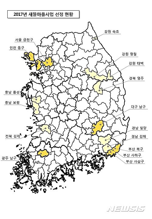 【부산=뉴시스】허상천 기자 = 부산시는 ‘2017년도 도시지역 새뜰마을사업’에 북구 구포마을, 사하구 대티고개마을, 사상구 온두레마을이 선정됐다고 16일 밝혔다. 부산시는 사업 첫해인 2015년 전국 30곳 중 부산 영도구 해돋이마을 등 4곳, 지난해 전국 22곳 중 동구 안창마을 등 3곳이 선정된데 이어 올해 전국 16곳 중 3곳이 선정돼 3년 연속 전국 최다 선정의 쾌거를 올렸다. 2017.03.16. (그래픽 = 부산시 제공)  photo@newsis.com