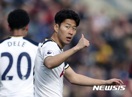 Tottenham Hotspur's Son Heung-Min gestures after scoring his side's second goal of the game, during the English Premier League soccer match between Burnley and Tottenham Hotspur, at Turf Moor, in Burnley, England, Saturday April 1, 2017. (Nick Potts/PA via AP)