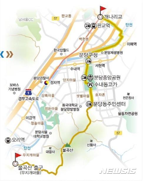 【수원=뉴시스】 경기도와 경기문화재단은 삼남길, 의주길, 영남길 등 경기옛길을 중심으로 올해 총 20차례의 걷기 행사를 연다고 2일 밝혔다. 그림은 성남에 있는 영남길 2구간 지도. 2017.04.02. (그림=경기도 제공)  photo@newsis.com