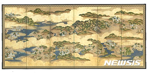 【서울=뉴시스】도카이도 53차도 병풍, 169.5×372.1㎝, 에도 시대 18~19세기, 종이에 채색, 금지 병용 