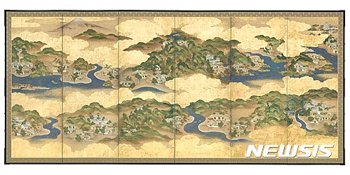 【서울=뉴시스】도카이도 53차도 병풍, 169.5×372.1㎝, 에도 시대 18~19세기, 종이에 채색, 금지 병용