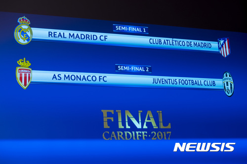 The match fixtures are shown on an electronic panel following the semi-final draw of the UEFA Champions League 2016/17, at the UEFA Headquarters in Nyon, Switzerland, Friday, April 21, 2017. (Jean-Christophe Bott/Keystone via AP)