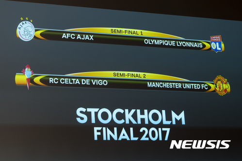 The match fixtures are shown on an electronic panel following the semi-final draw of the UEFA Europa League 2016/17 at the UEFA Headquarters in Nyon, Switzerland, Friday, April 21, 2017. (Jean-Christophe Bott/Keystone via AP)