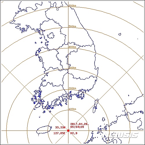 【제주=뉴시스】28일 제주 서귀포 인근 해역에서 발생한 지진 진앙. (사진=제주지방기상청 제공)