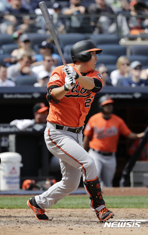 Baltimore Orioles' Hyun Soo Kim, of South Korea, hits a single during the sixth inning of a baseball game against the New York Yankees Saturday, April 29, 2017, in New York. (AP Photo/Frank Franklin II)