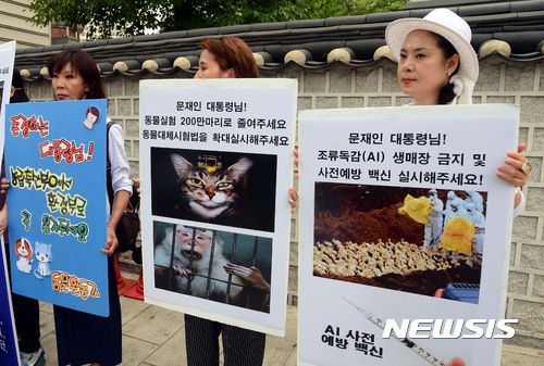 [서울=뉴시스] 조성봉 기자 = 지난 2017년 6월 6일 오후 서울 종로구 통의동 국정기획자문위원회 앞에서 열린 동물보호 정책을 요구하는 릴레이 기자회견에서 전국동물보호활동가들이 '동물대체시험법 확대' 를 촉구하는 피켓을 들고 있다. (사진은 기사내용과 관련이 없습니다.) 2017.06.06.suncho21@newsis.com