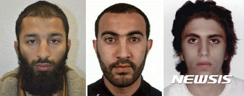 【런던=AP/뉴시스】 지난 3일 밤의 영국 런던 브리지 테러범으로 신원이 파악된 3인의 사진으로, 런던 경찰청은 6일 마지막 3번째 범인의 신상과 사진(오른쪽)을 발표했다. 왼쪽부터 파키스탄 출생 영국인, 모로코-리비아 인, 모로코-이탈리아 인들인 3명은 모두 공격 당시 경찰에 사살됐다. 2017. 6. 6.  