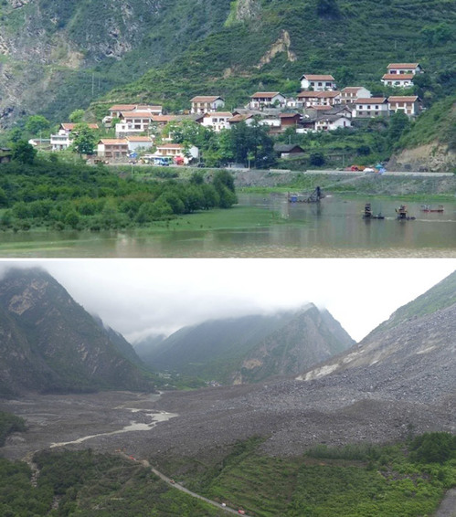 【서울=뉴시스】지난 24일(현지시간) 오전 6시께 산사태가 발생한 중국 쓰촨성 마오(茂)현 신머(新磨)촌의 산사태 사고 전(윗사진) 후의 모습. 이번 산사태로 이 마을의 60채 이상의 집이 매몰돼 지금까지 24명이 숨지고 109명이 실종상태로 알려졌다. (사진출처: 중국 바이두) 2017.06.25 