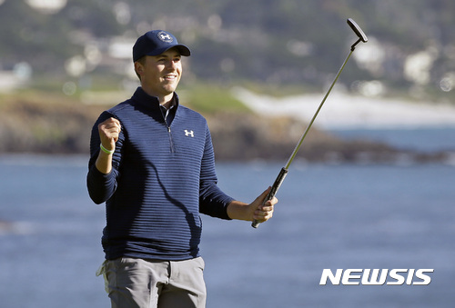 FILE - In a Sunday, Feb. 12, 2017 file photo, Jordan Spieth reacts on the 18th green of the Pebble Beach Golf Links after winning the AT&T Pebble Beach National Pro-Am golf tournament, in Pebble Beach, Calif. Spieth says  he wants to build a reputation for being a good closer in golf.  (AP Photo/Eric Risberg, File)
