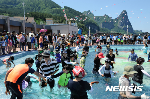 【안동=뉴시스】류상현 기자 = 지난해 열린 울릉오징어축제에서 관광객들이 맨손으로 오징어잡기를 하고 있다. 2017.07.24 (사진=경북도 제공) photo@newsis.com 